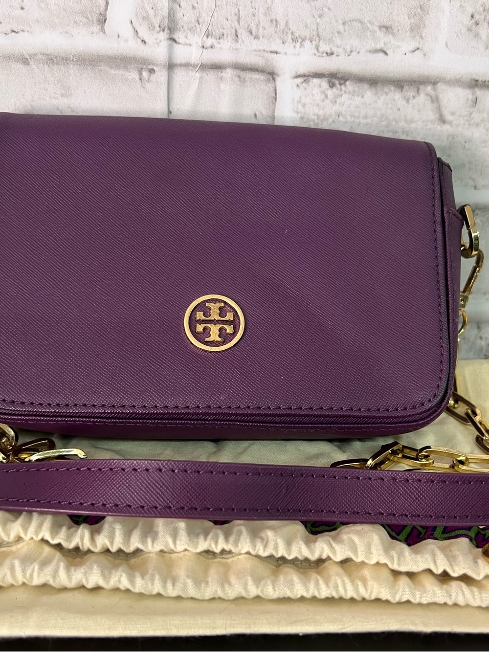 Tory Burch Plum Saffiano Leather Crossbody with Gold Hardware